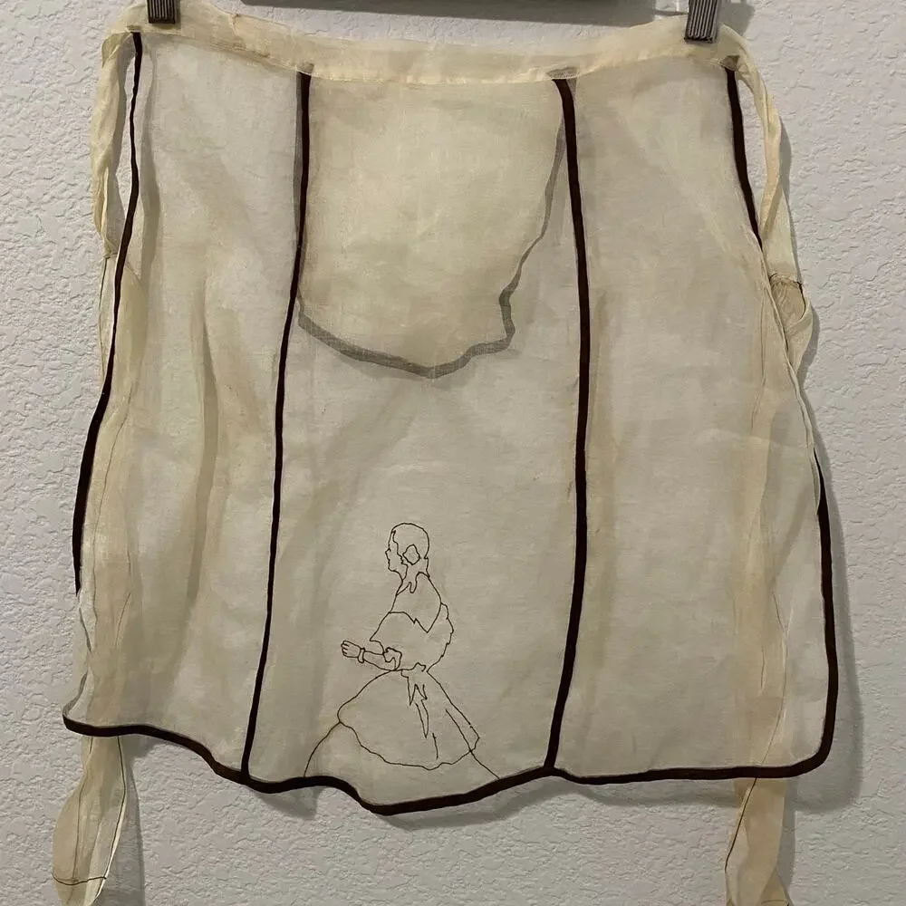 Vintage Organdy Tea Apron Colonial Lady Embroidered Sheer